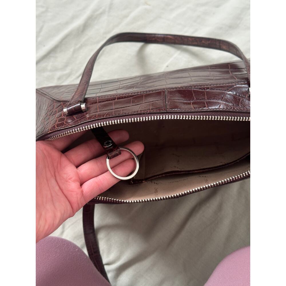 Monsac Brown Genuine Leather Croc Embossed Large Shoulder Bag Purse Zip Closure - Picture 6 of 12